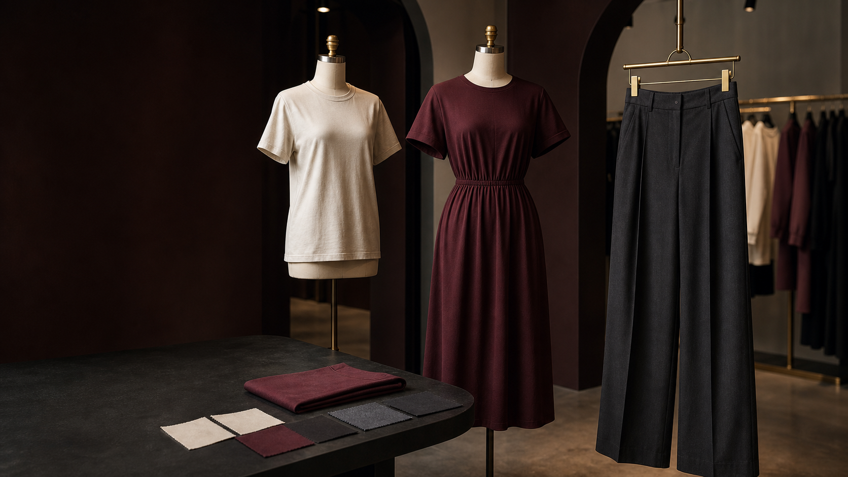 Physical womenswear samples showing a T-shirt, day dress and non-denim trousers