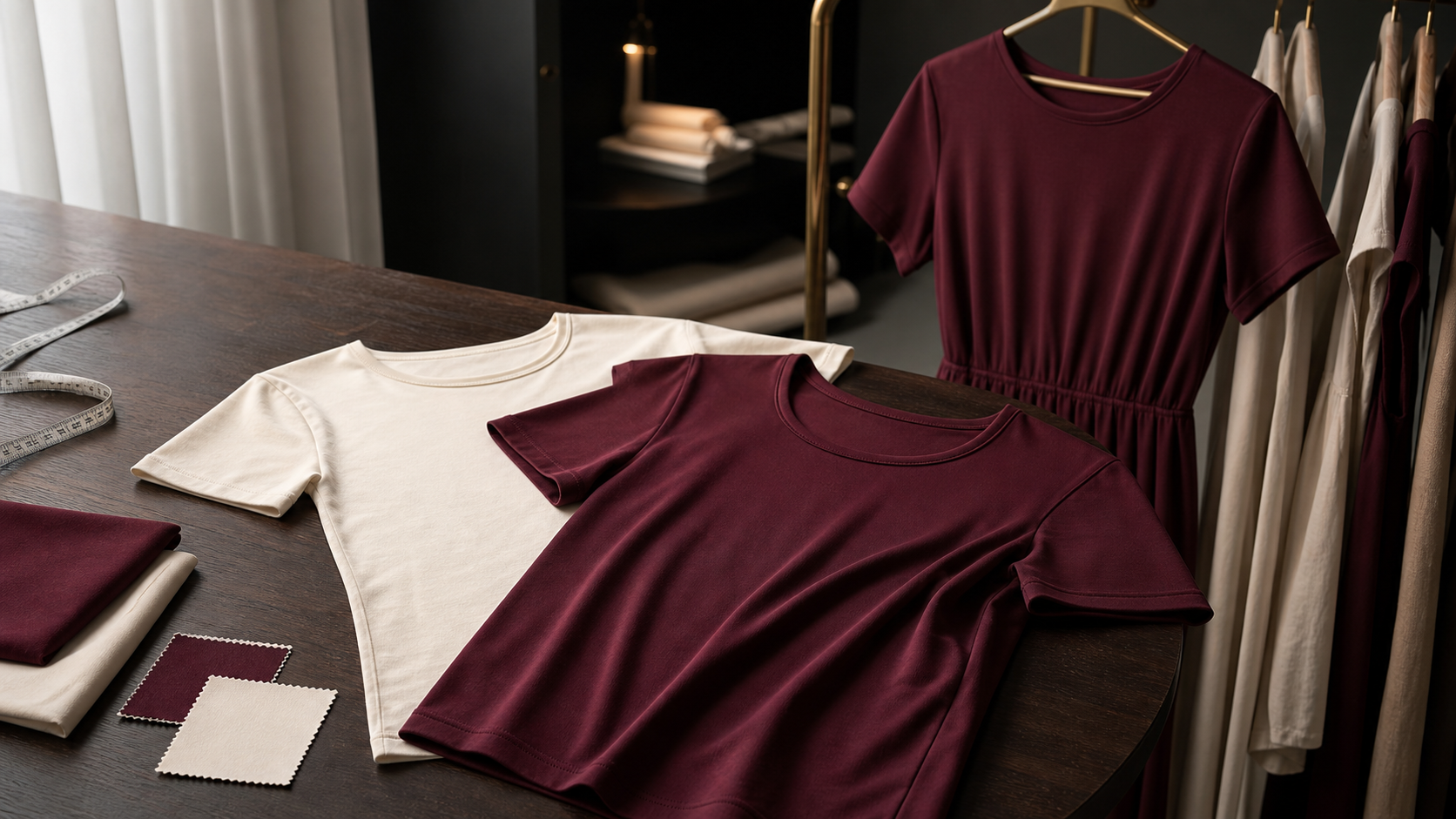 Physical T-shirt samples and fabric swatches reviewed as part of product development